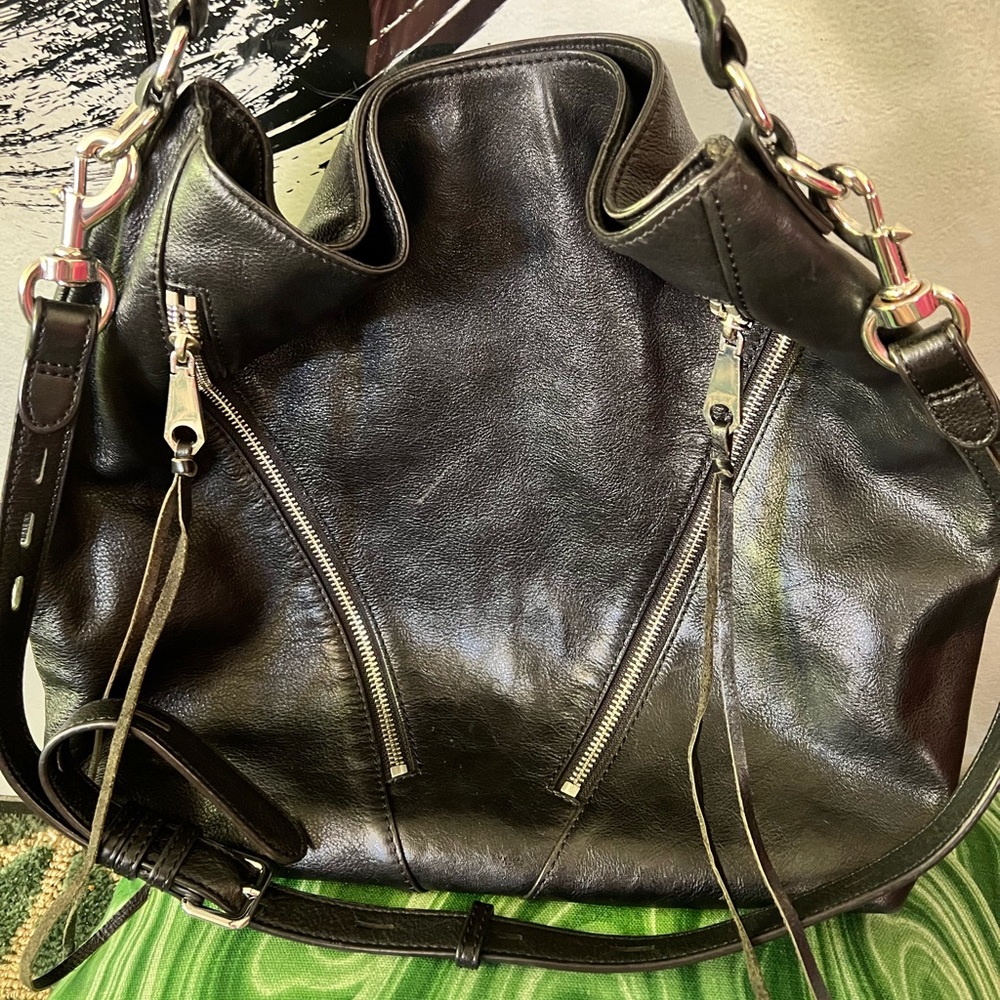 Rebecca Minkoff Black Moto Hobo Bag with Adjustable Shoulder Strap and Dust Bag